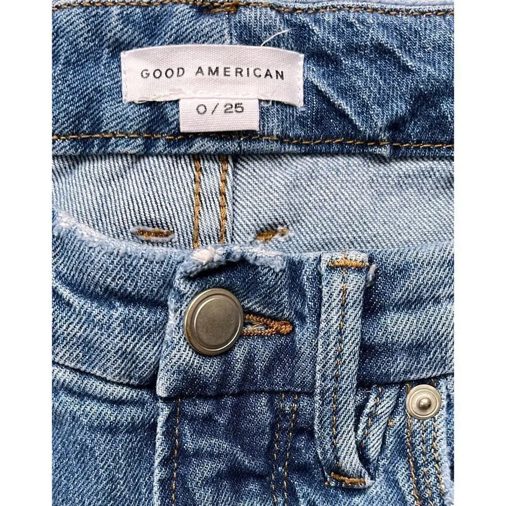 Good American Good 90s Icon Ripped Straight Leg High Rise Stretch Denim Jeans - Picture 10 of 16